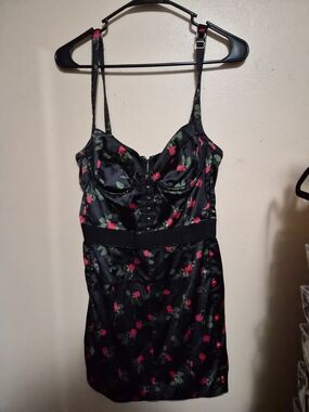 For Love And Lemons Black Satin Chemise with Red Rose Print
